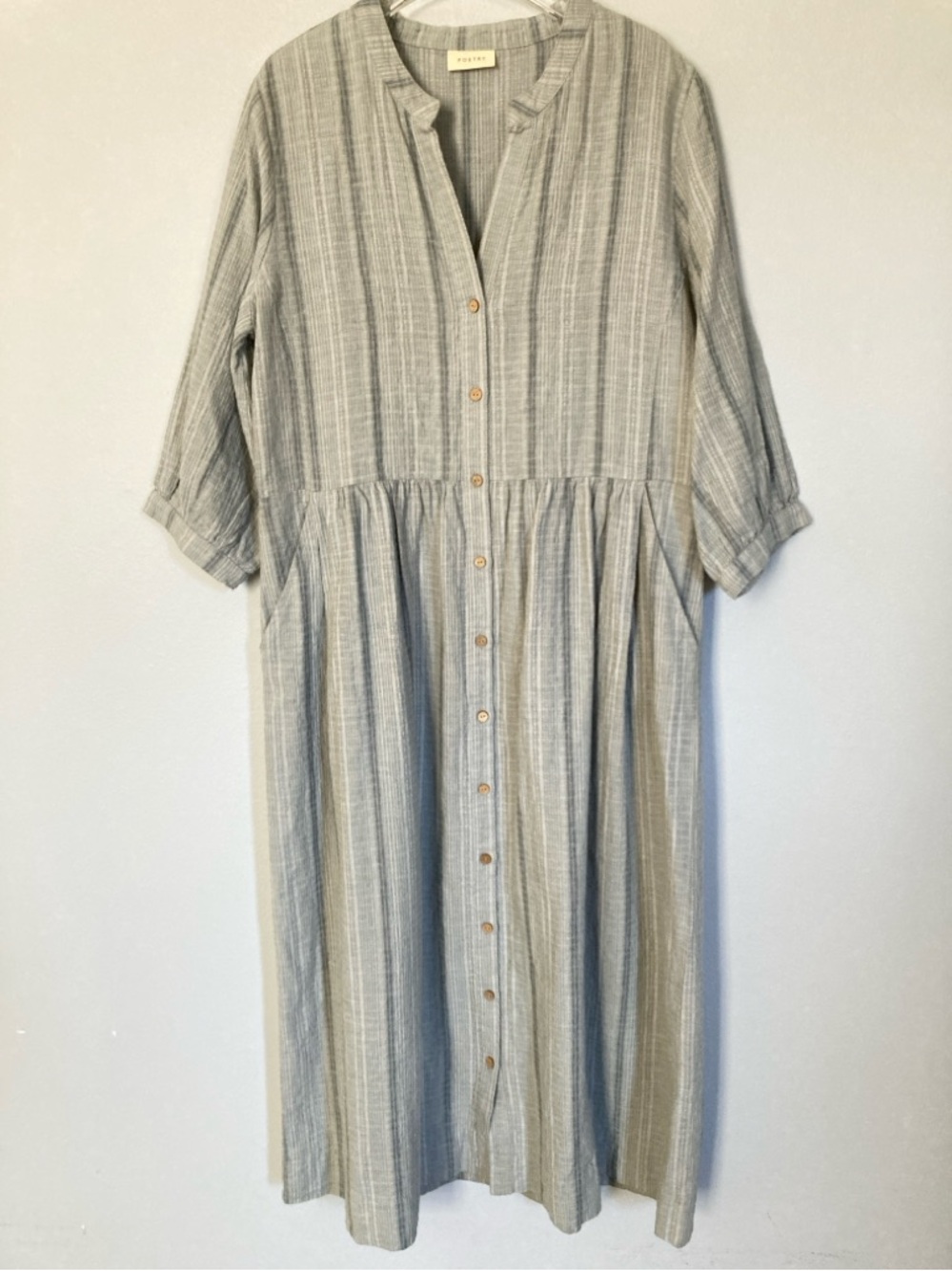 POETRY UK Dress Hemp Organic Cotton Button Front with Pockets 10 Pale Blue Grey